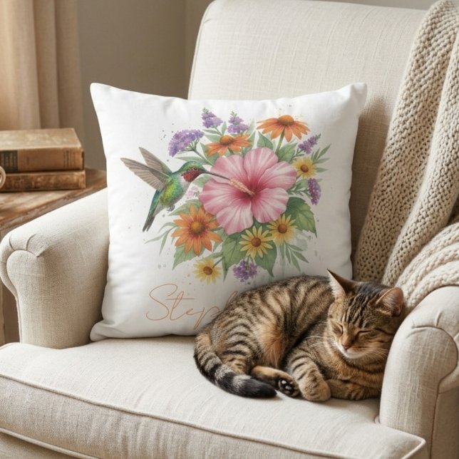 Akvarellkolibri – Blommig gåva till mamma Kudde (Floral hummingbird decorative pillow)