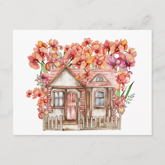 Akvarellkomposition av ett gammalt trä gårdshus vykort (Framsida)