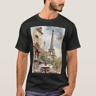 Akvarellkonst av en charmerande parisiskt kafé med t shirt