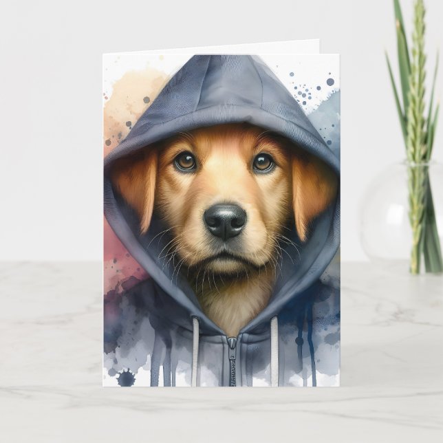 Akvarellkonst Brun hund i en hoodie splatter Kort (Framsida)