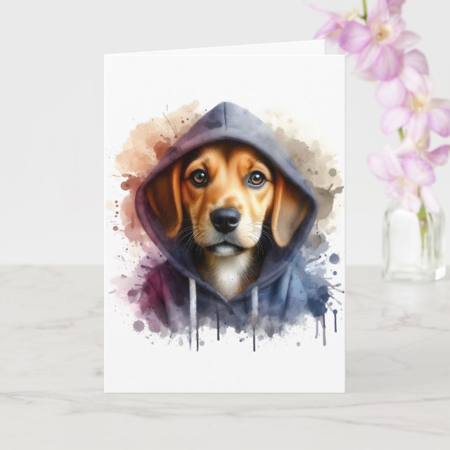Akvarellkonst Brun Hund i en Hoodie Splatter Kort (Orkide)