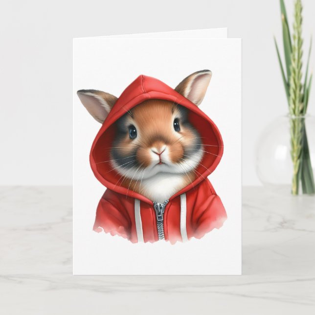 Akvarellkonst Brun Kanin i en Röd Hoodie  Kort (Framsida)