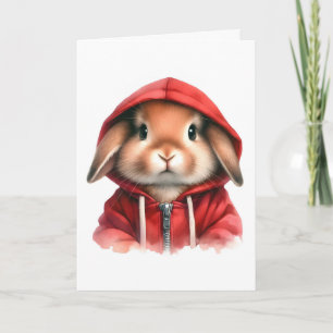 Akvarellkonst Brun kanin i en röd hoodie  Kort