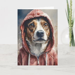Akvarellkonst Brun och vit hund i hoodie Kort