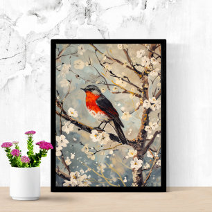 Akvarellkonst Målad Fågel i Träd Vita Blommor Poster