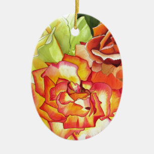 Akvarellkonst med orange och gula rosor julgransprydnad keramik