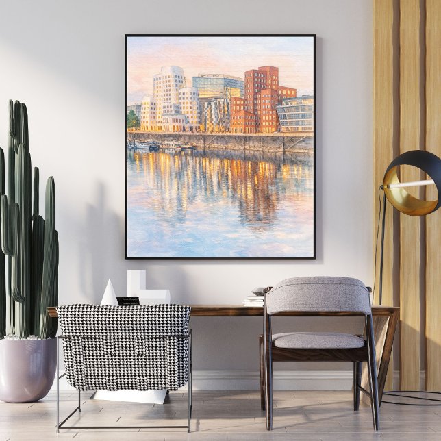 Akvarellkonst – Modern Stad Reflektion vid Solnedg Poster (Skapare uppladdad)