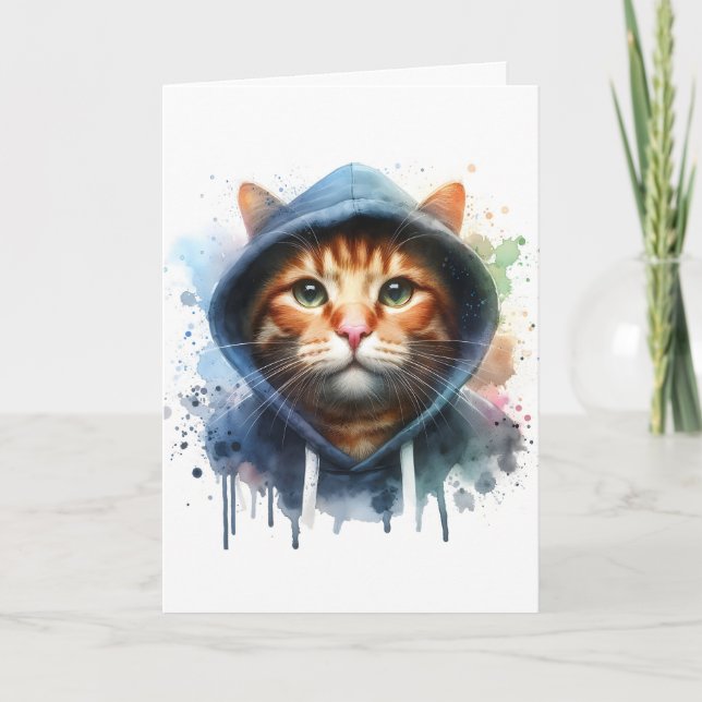 Akvarellkonst Tabby Katt Blå Hoodie Splatter Kort (Framsida)