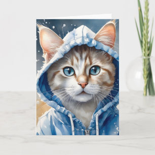 Akvarellkonst Tabby Katt Blå Hoodie Splatter Kort
