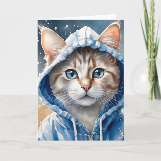 Akvarellkonst Tabby Katt Blå Hoodie Splatter Kort (Framsida)