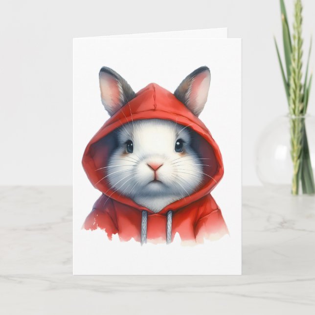 Akvarellkonst Vit Kanin i en Röd Hoodie  Kort (Framsida)