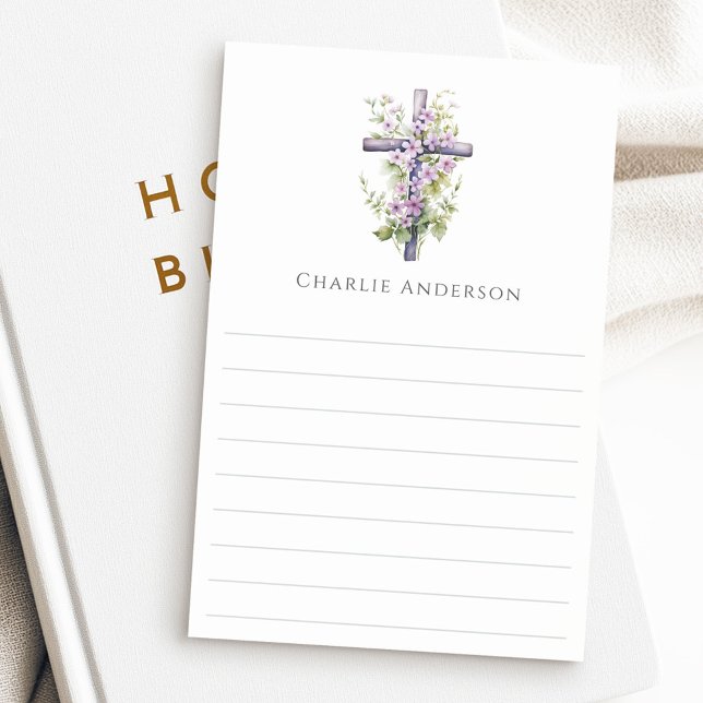 Akvarellkors lila blomma namn linjerat post-it block (Watercolor cross purple flower name lined post-it notes)