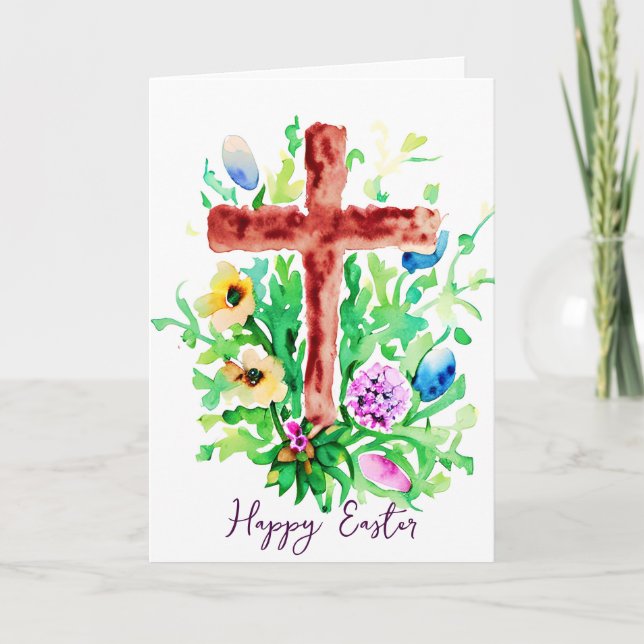 Akvarellkors och blommor anpassad påsk helgkort (Framsida)