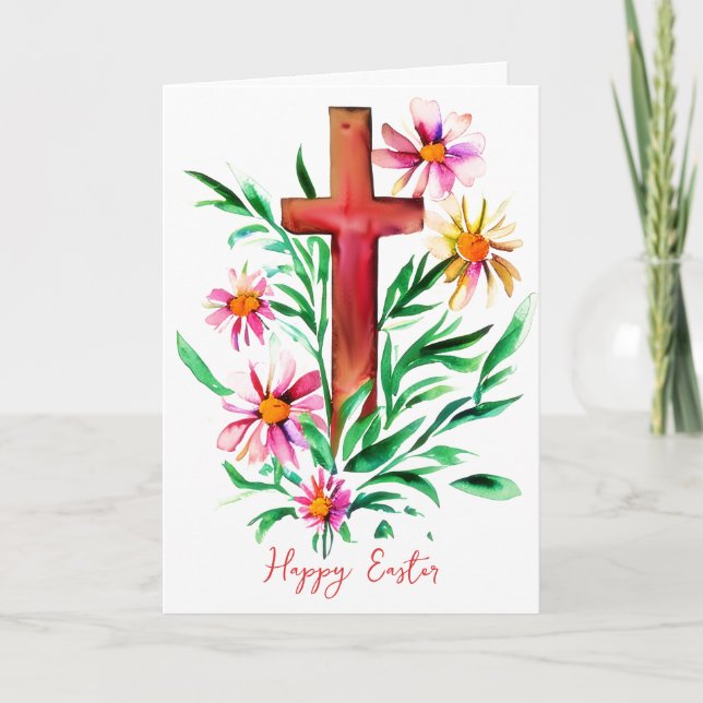 Akvarellkors och blommor anpassad påsk helgkort (Framsida)