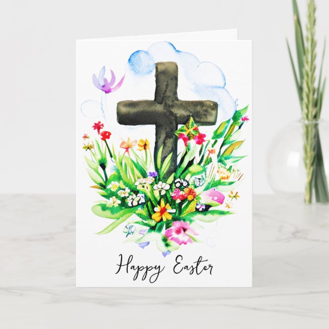 Akvarellkors och vilda blommor anpassad påsk helgkort (Framsida)