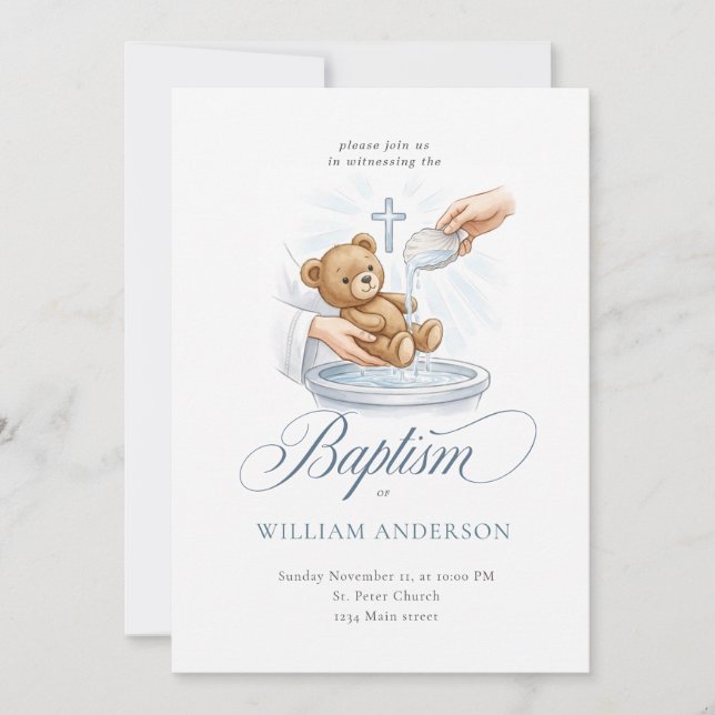 Akvarellkors Teddybjörn Dopannons Inbjudningar (Framsida)