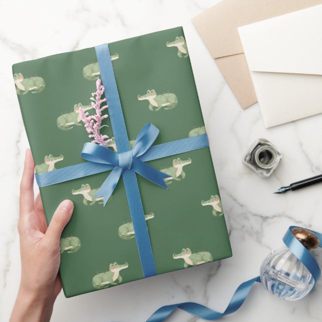 Akvarellkrokodiler på grönt presentpapper (Gifting)
