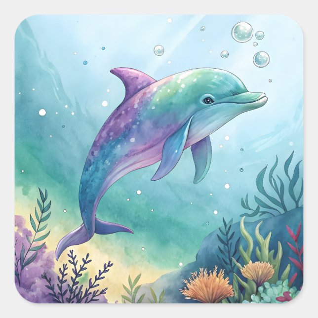 Akvarellmålad delfin fyrkantigt klistermärke (Framsida)