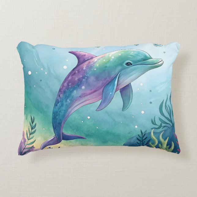 Akvarellmålad delfin prydnadskudde (Framsidan)
