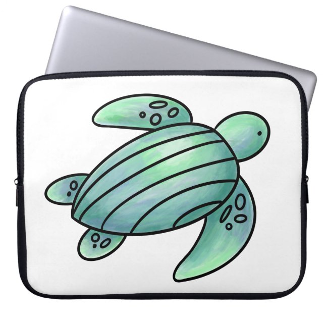 akvarellmålad havssköldpadda seriefigur blå grön  laptop fodral (Framsidan)