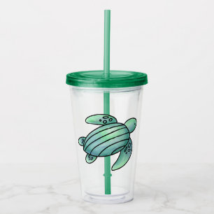 akvarellmålad havssköldpadda seriefigur blå grön  take away mugg