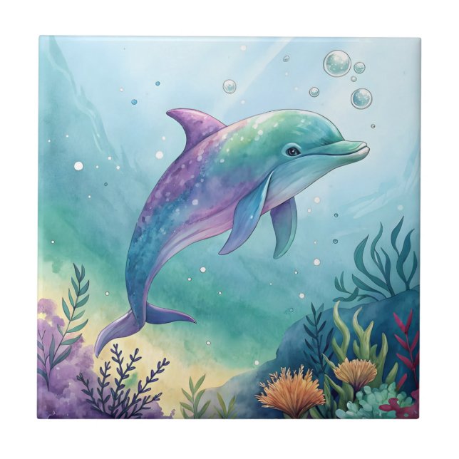 Akvarellmålade delfin kakelplatta (Framsidan)