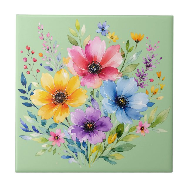 Akvarellmålade vilda blommor kakelplatta (Framsidan)