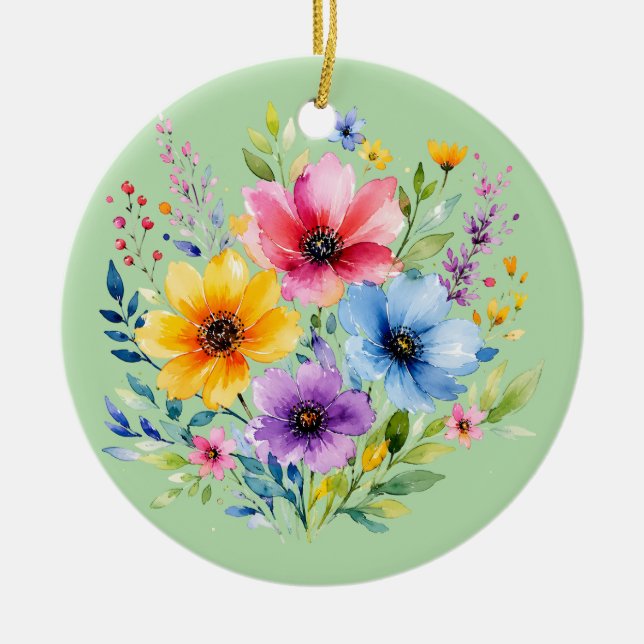Akvarellmålade vildblommor julgransprydnad keramik (Framsidan)