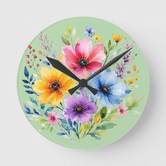 Akvarellmålade vildblommor rund klocka (Framsida)