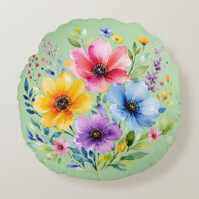 Akvarellmålade vildblommor rund kudde (Framsidan)