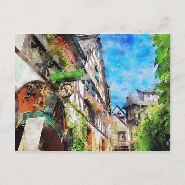 Akvarellmålning av Drosselgasse Ruedesheim Vykort (Framsida)