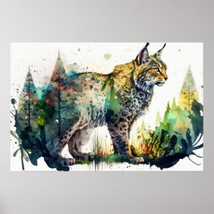 Akvarellmålning av en Lodjur Skog AI Natur Poster