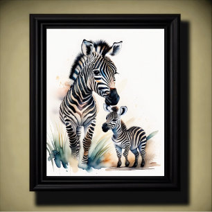 Akvarellmålning av en mamma och baby zebra 5:4 poster