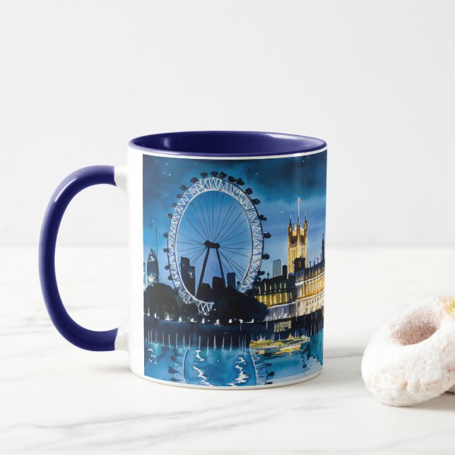 Akvarellmålning av Londons nattvyer #2 Mugg (Med munk)
