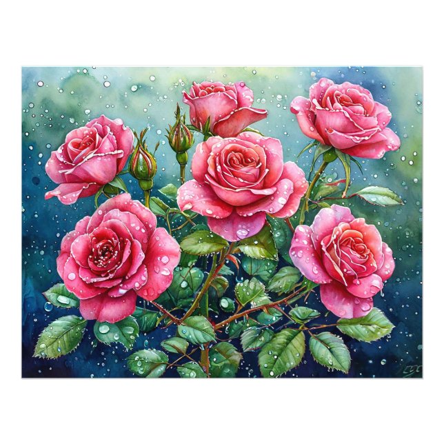 Akvarellmålning av rosa rosor med daggdroppar fototryck (Framsidan)