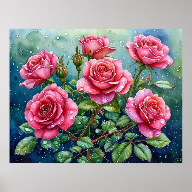 Akvarellmålning av rosa rosor med daggdroppar poster (Framsidan)