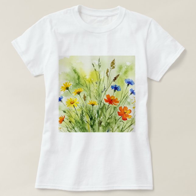 Akvarellmålning av vilda blommor och växter t shirt (Design framsida)