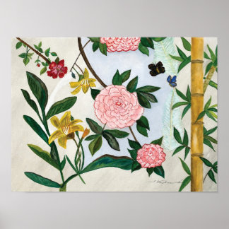 AKVARELLMÅLNING - Blommor och fjärilar Poster