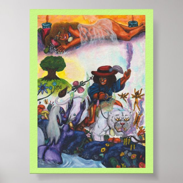 Akvarellmålning Eros rider Aurora Lioness Dröm Poster (Framsidan)