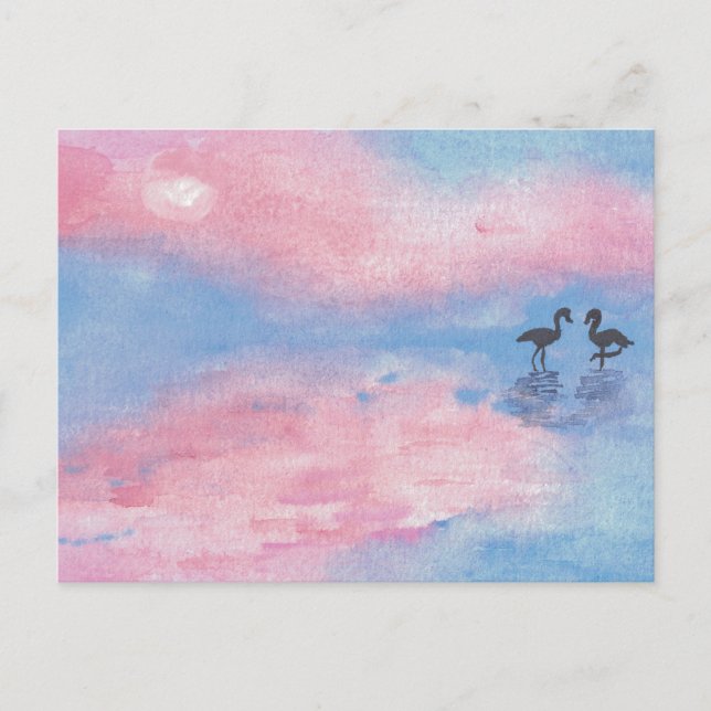Akvarellmålning flamingos / Pastell vykort (Framsida)