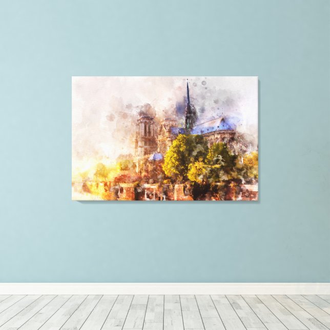 Akvarellmålning Notre Dame-katedralen soluppgång Canvastryck (Insitu (trägolv))