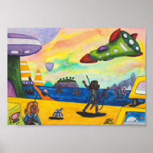 Akvarellmålning Rymdskepp Planet Rymdhamn Pistol Poster