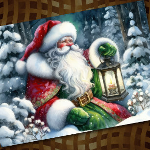 Akvarellmålning Tomte i snöig skog Julkort