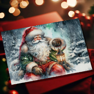 Akvarellmålning Tomte i snöig skog Julkort