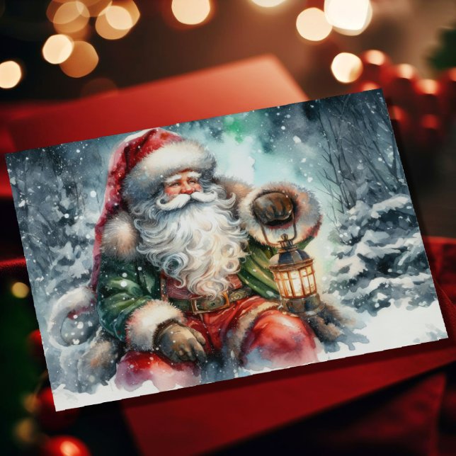 Akvarellmålning Tomte i snöig skog Julkort (Skapare uppladdad)