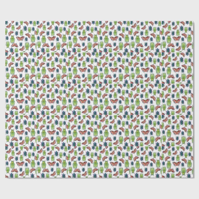 Akvarellmönster av skalbaggar och fjärilar presentpapper (Platt)