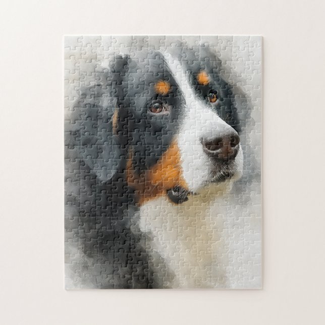 Akvarellporträtt Bernersennenhund Pussel (Vertikal)