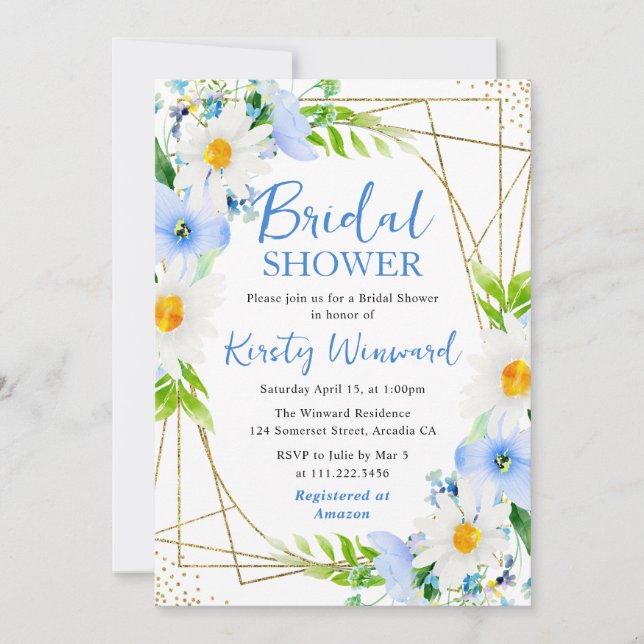 Akvarellprästkragar & Blå Blommor Bröllopsdusch Inbjudningar (Framsida)