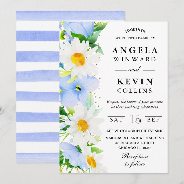 Akvarellprästkragar och blå blommor Bröllop Inbjudningar (Fram/baksida)