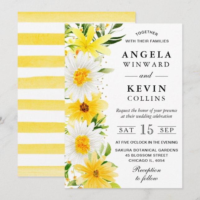 Akvarellprästkragar och gula blommor Bröllop Inbjudningar (Fram/baksida)